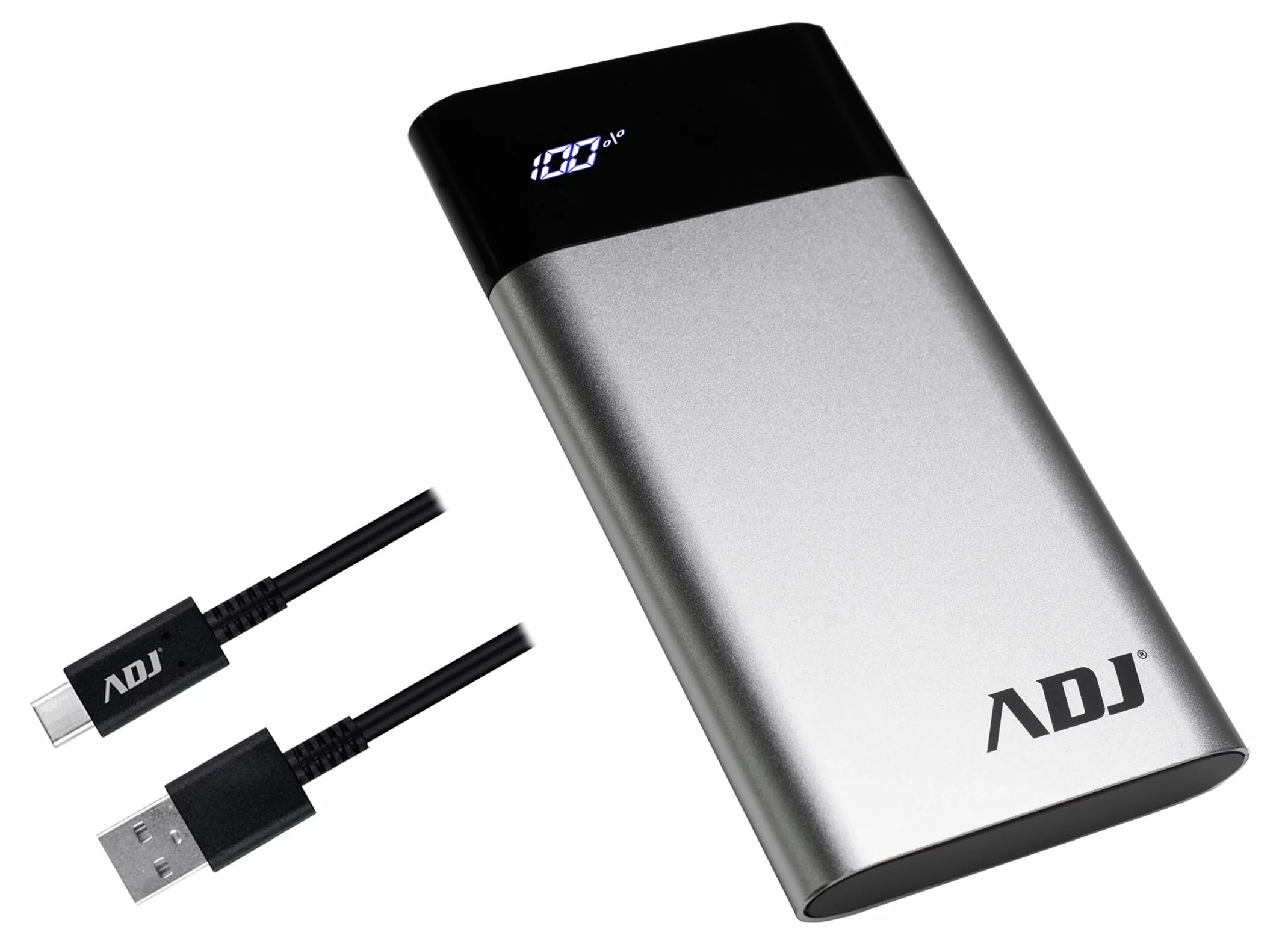 Power Bank ADJ serie HUNTER da 10000mah con 2 porte USB con controllo led e funzione torcia e scocca in alluminio colore Silver