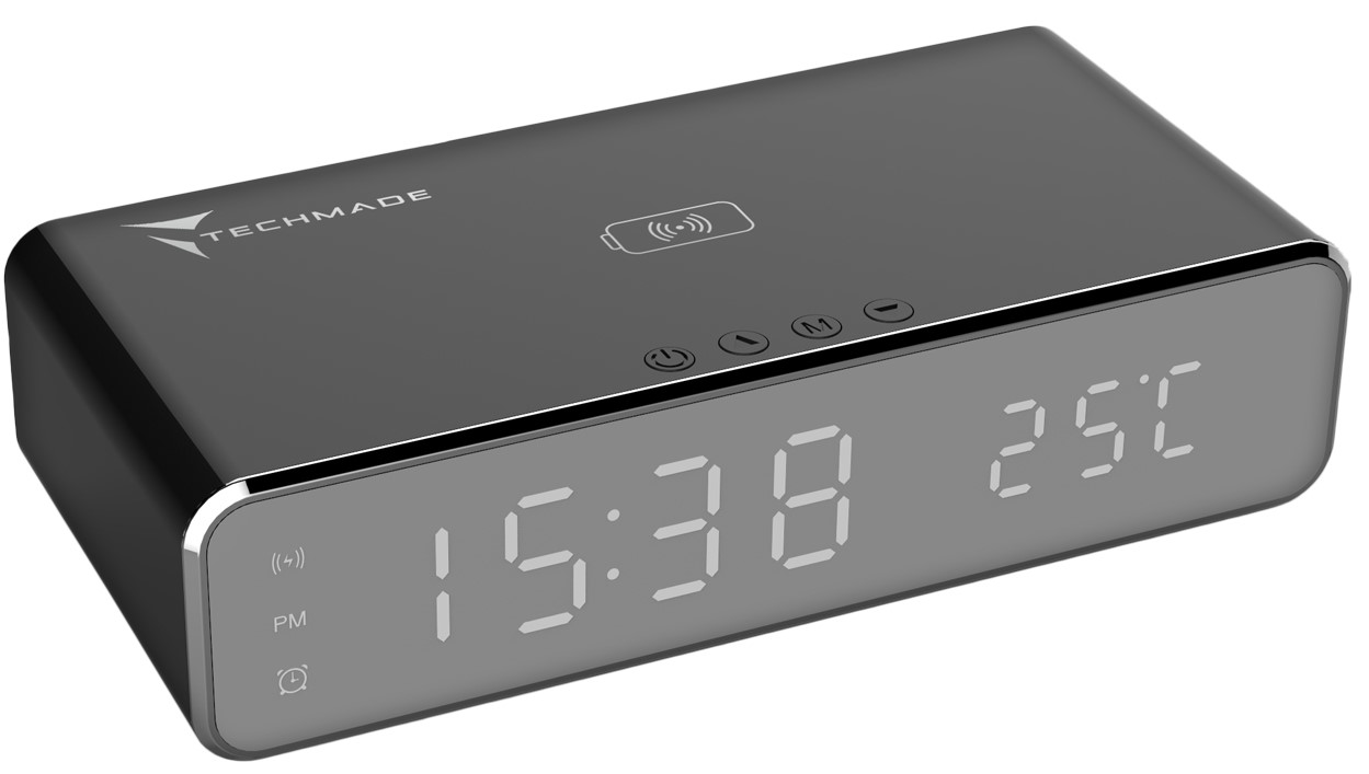 Sveglia digitale con display Led e sensore di temperatura con ricarica Wireless da 15watt per Smartphone ed EarBuds colore Nero