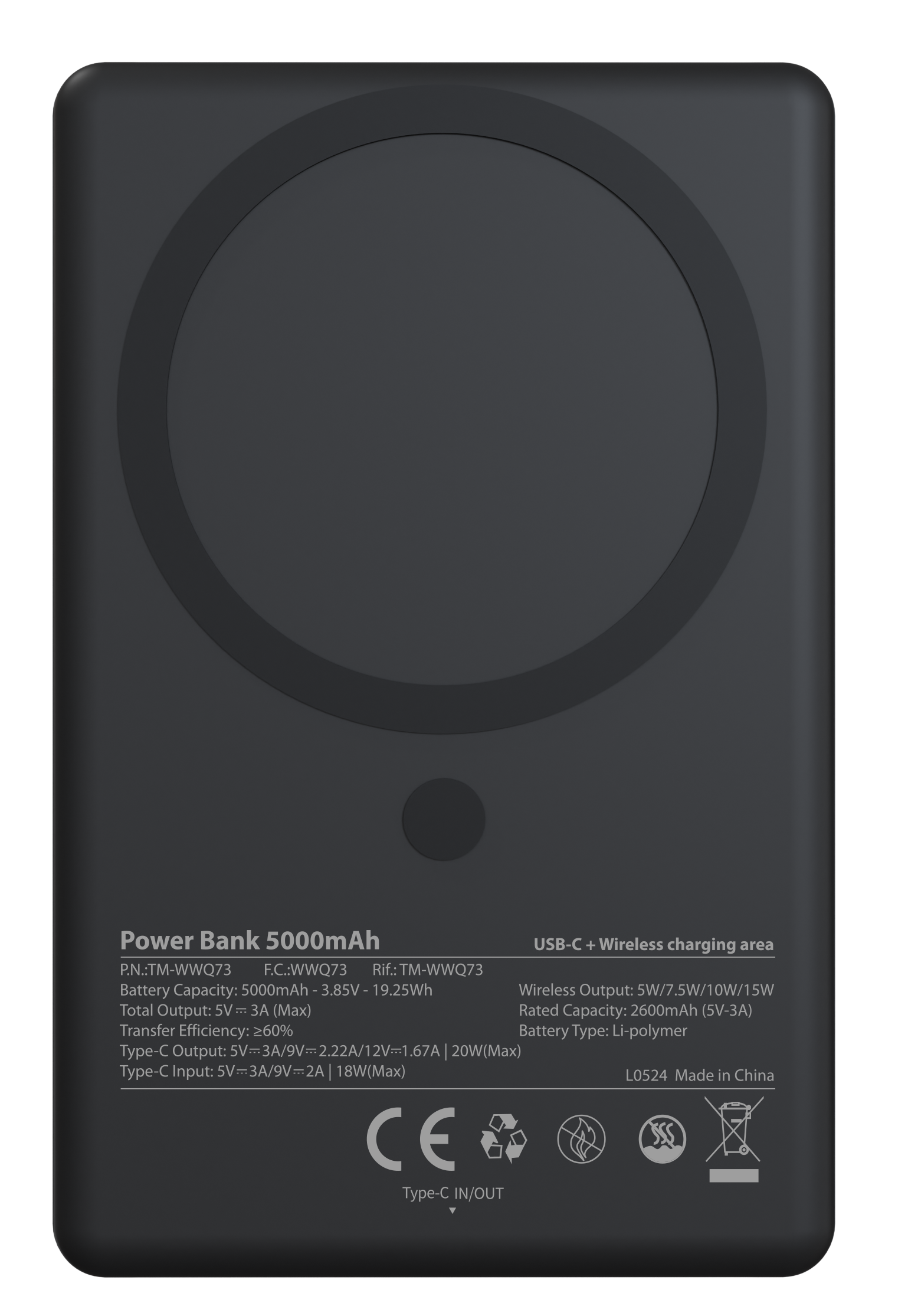 Powerbank Techmade 5000mah Slim 7.9mm Wireless Magnetico colore Nero