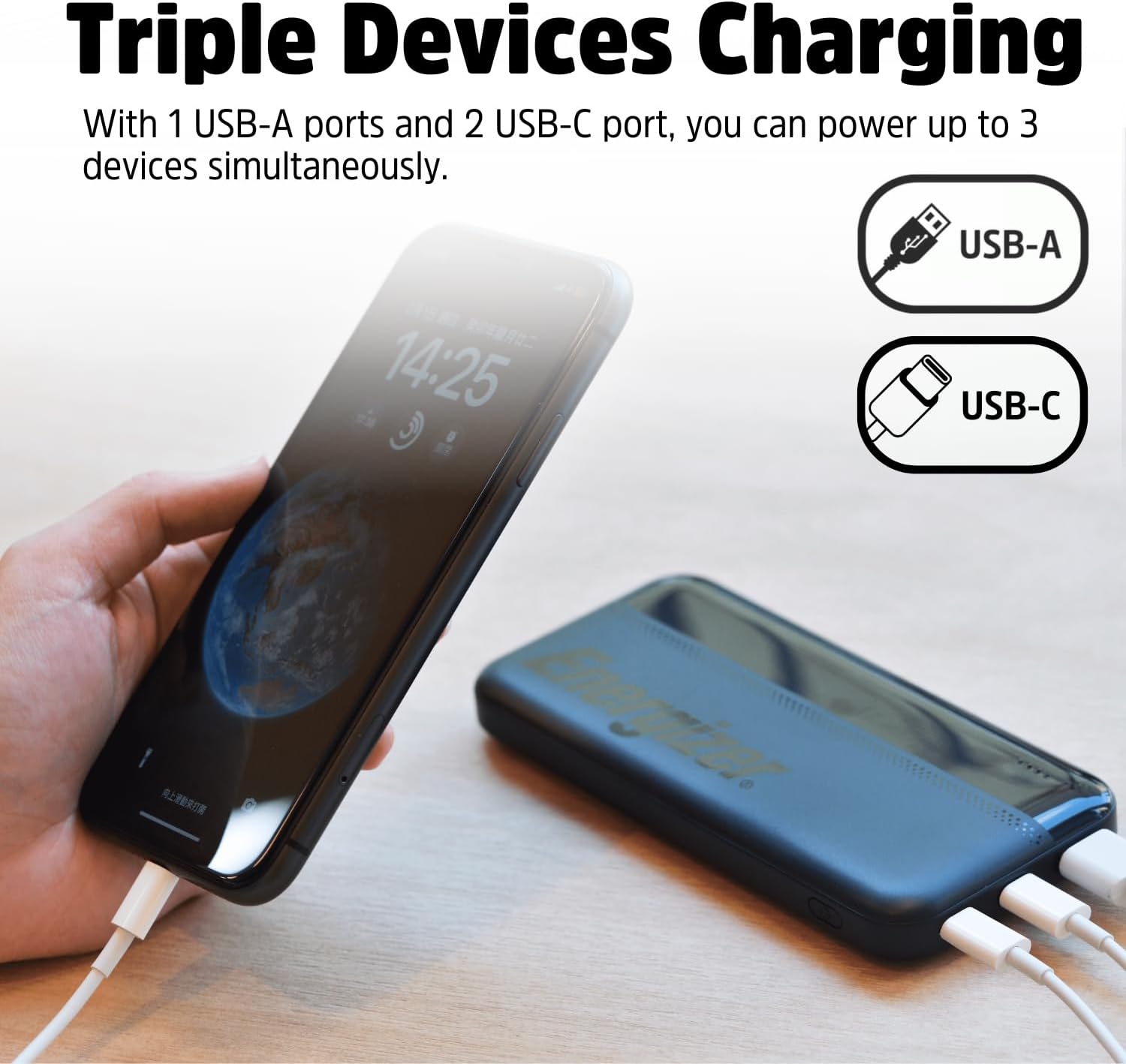 Power Bank Energizer da 10.000mah e 15watt con 2x usb-C e 1x usb-A e gestione Powersafe colore Nero
