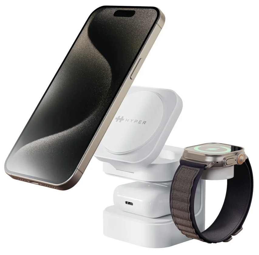 Caricatore Magnetico Wireless HyperJuice Qi2 a Induzione 3in1  compatibile Apple iPhone AiPods Apple Watch  Android Phones EarBuds  fino a 3 dispositivi colore Bianco